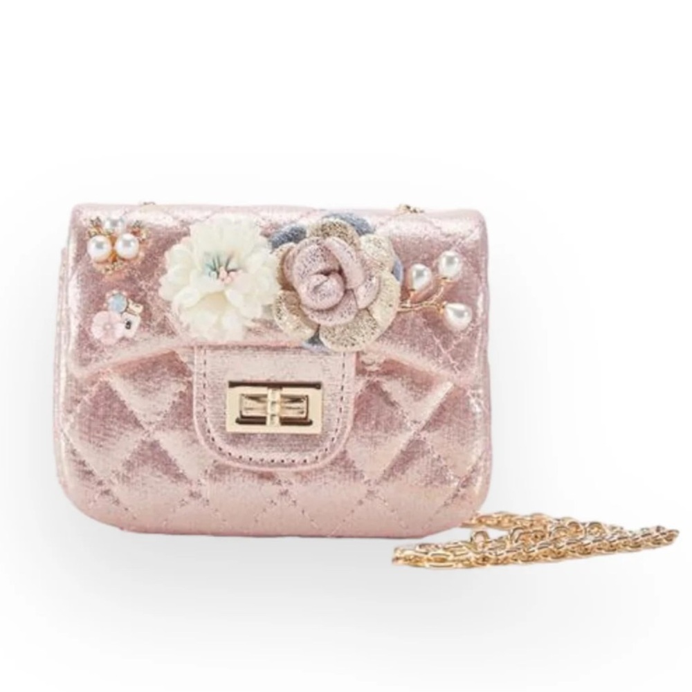 NWT Doe a deer Pink Floral Shiny Pearl Accent Quilted Purse OS